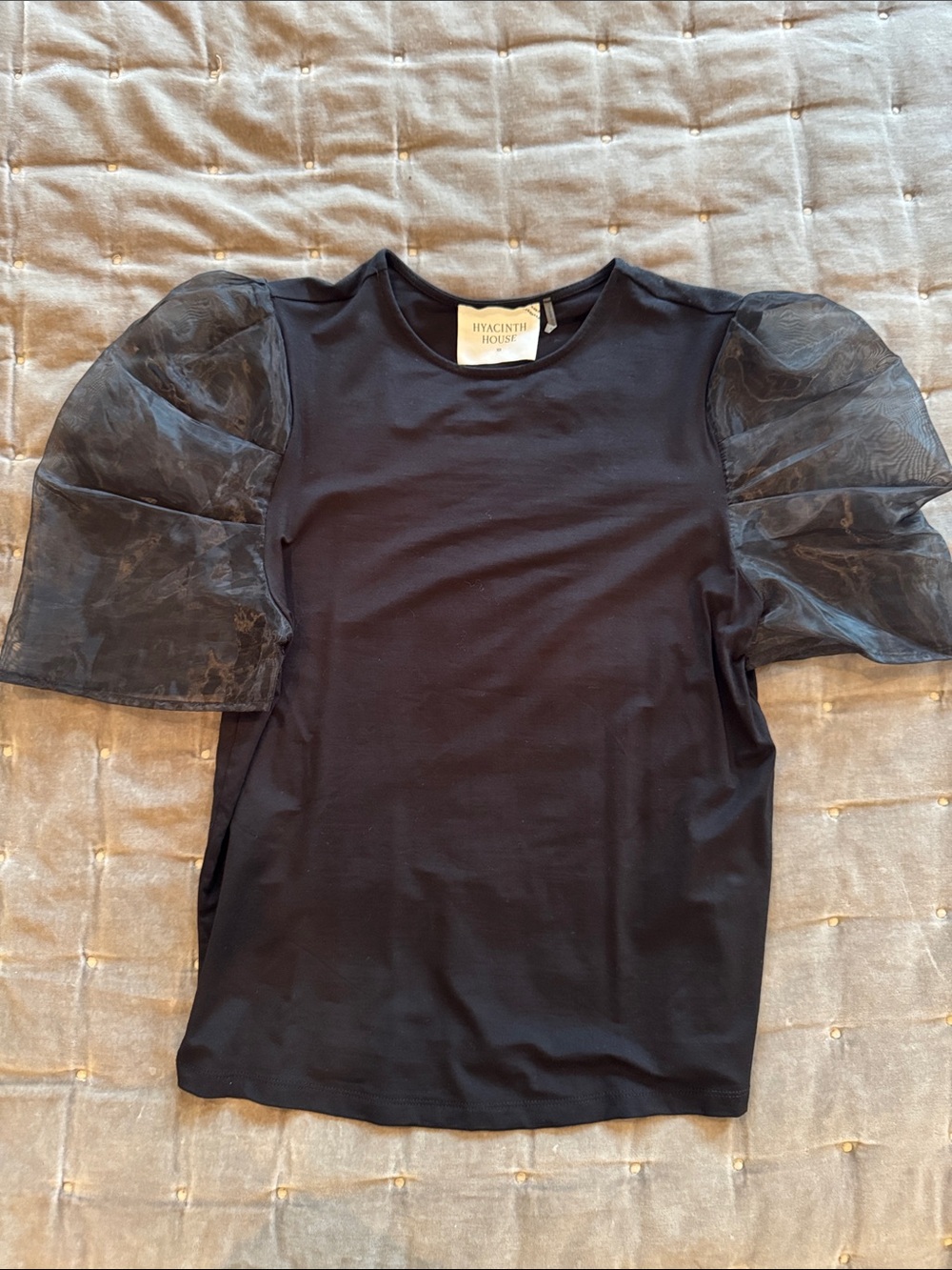 Hyacinth House Black Puff Sleeve Tee with Sheer Organza Sleeves